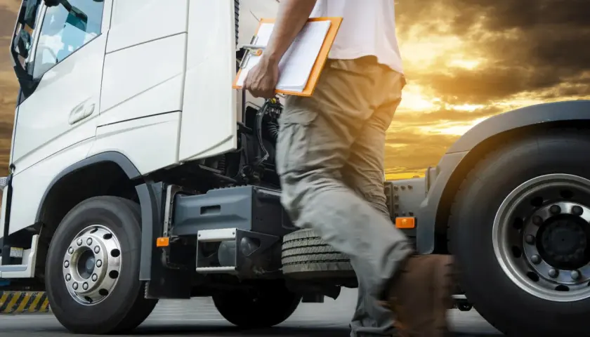Kierowca busa z teczką w ręku, sprawdzający dokumenty przed wyruszeniem w trasę. Zachód słońca nad drogą.