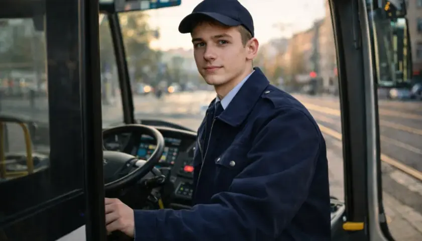 Młody kierowca w czapce i granatowej kurtce, siedzi za kierownicą autobusu. Rozpoczyna kurs na przewóz osób.