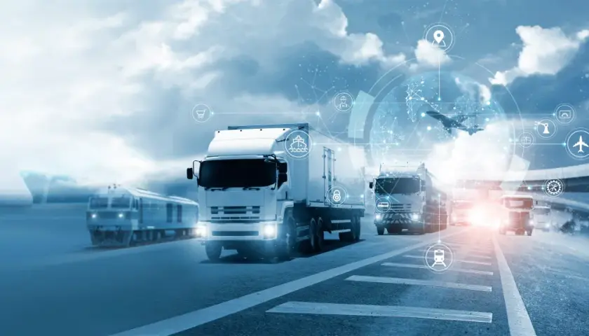 Nowoczesny transport i spedycja: ciężarówki, pociąg, samolot i statek, połączone globalną siecią logistyczną.
