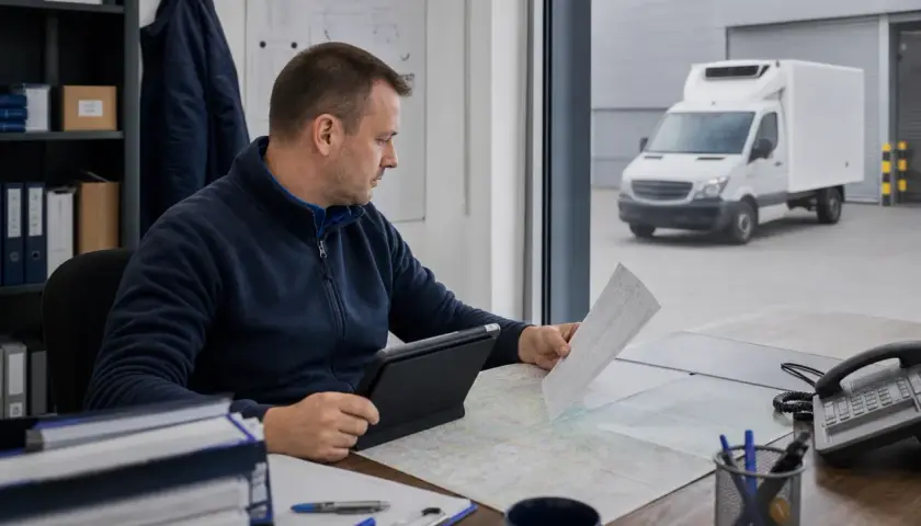Mężczyzna planuje trasę dla transportu chłodniczego w Polsce. Na biurku mapa, tablet i dokumenty. Za oknem biała chłodnia.