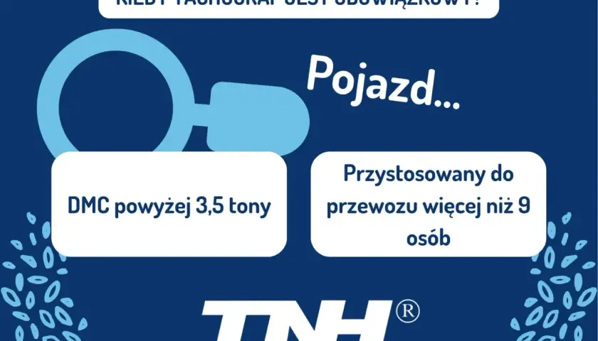 Kiedy pojazd specjalny musi mieć tachograf? Gdy DMC przekracza 3,5 tony lub przewozi więcej niż 9 osób.