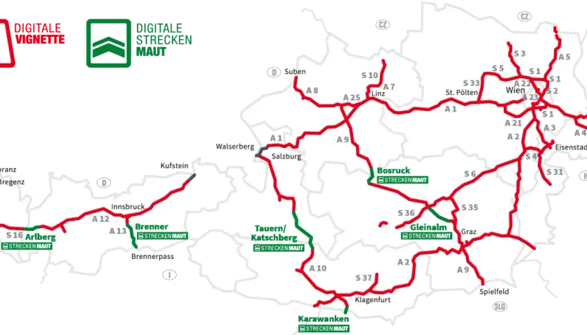 Mapa Austrii z zaznaczonymi drogami płatnymi. Widać tunele w Austrii, np. Arlberg, Tauern, Karawanken.