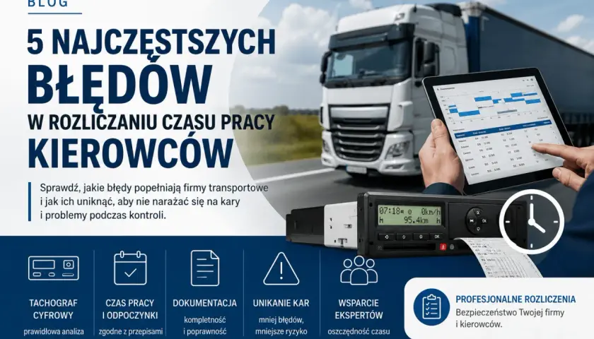 Profesjonalne rozliczanie czasu pracy kierowców to klucz do uniknięcia kar. Grafika pokazuje tachograf, tablet z danymi i ciężarówkę.