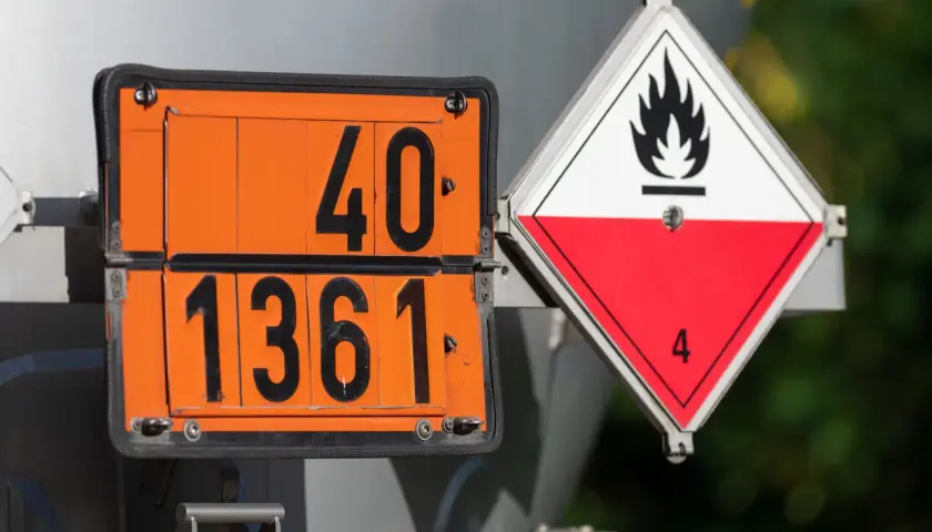 Pomarańczowe tablice z numerami 40 i 1361 oraz biało-czerwony znak ostrzegawczy z płomieniem i cyfrą 4, informujące o zagrożeniu. Taryfikator kar ADR.