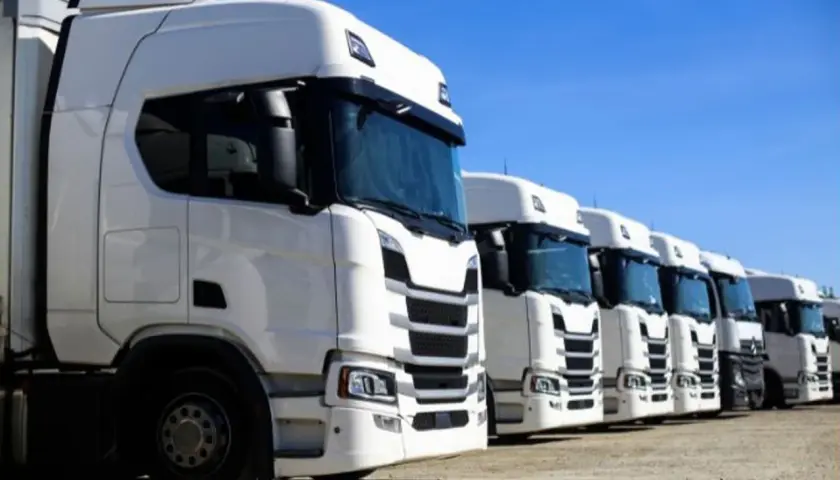 Białe ciężarówki stojące w rzędzie pod błękitnym niebem. Idealny widok dla tych, którzy zastanawiają się, jak założyć firmę transportową.