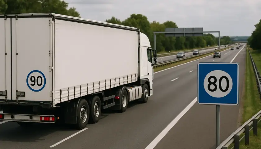 Biały tir jedzie autostradą. Znak ograniczenia prędkości wskazuje 80 km/h, a na naczepie widnieje naklejka "90".