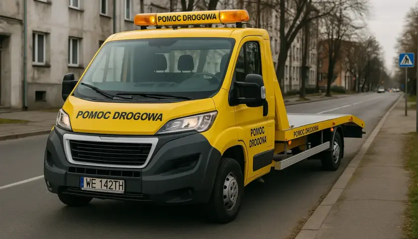 Żółty pojazd z napisem "POMOC DROGOWA" na masce i dachu, gotowy do akcji. Posiada licencję na pomoc drogową.