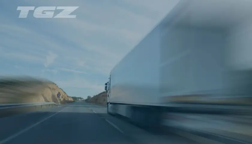 art 12 561 we 2006 opis. Ciężarówka TGZ pędzi autostradą, krajobraz rozmyty przez prędkość.