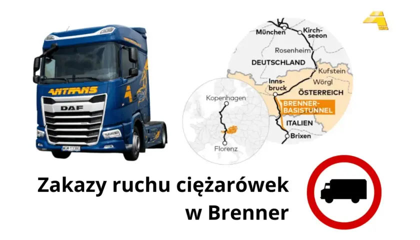 Niebieska ciężarówka DAF i mapa pokazująca trasę przez Brenner. Zakazy ruchu ciężarówek w Brenner.