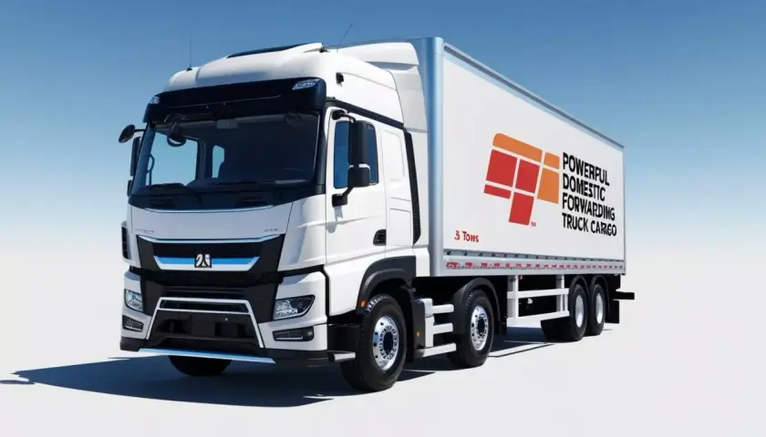 Biała ciężarówka z naczepą, gotowa do transportu do 3,5t. Logo firmy i napis "Powerful Domestic Forwarding Truck Cargo" na boku.
