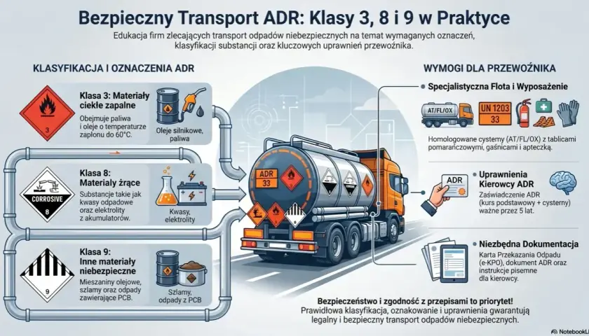 Ilustracja przedstawia ciężarówkę z oznaczeniami ADR, wyjaśniając klasy 3, 8 i 9 materiałów niebezpiecznych, wymagania dla przewoźnika i dokumentację.