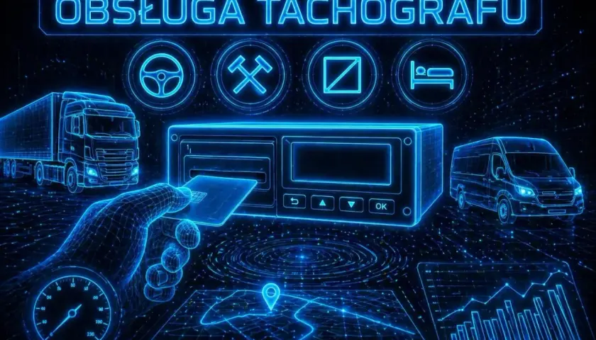 Cyfrowa wizualizacja pokazuje, jak włożyć kartę do tachografu. Widoczna jest ciężarówka, furgonetka i schematyczne ikony.