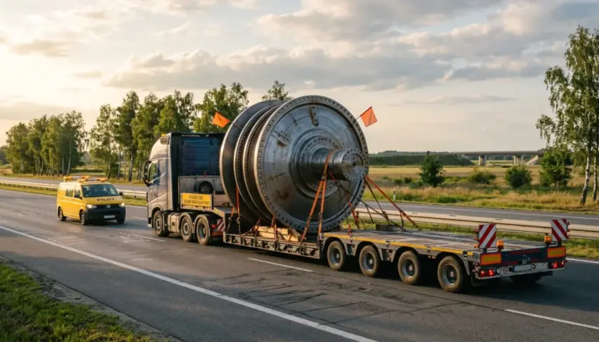 Ciężarówka transportuje ogromny element turbiny, którego maksymalna szerokość ładunku wymaga eskorty.
