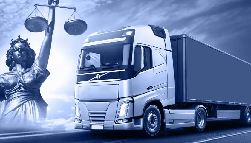 Ciężarówka i Temida symbolizują kontrolę, ład i sprawiedliwość w firmie transportowej.