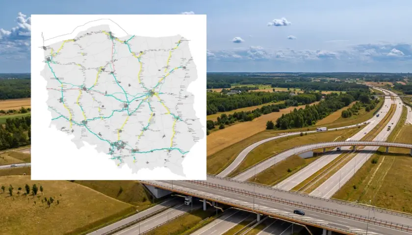 Mapa Polski z zaznaczonymi drogami płatnymi e-toll. W tle autostrada z ruchem samochodowym.