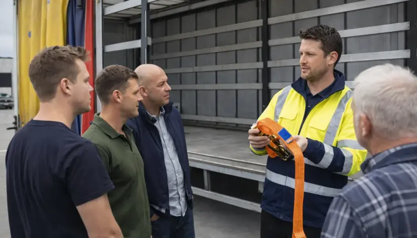 Szkolenia dla firm transportowych: instruktor pokazuje pas transportowy grupie kierowców przy naczepie.