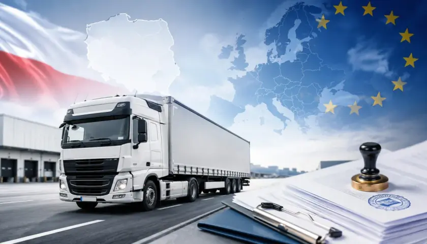 Ciężarówka na tle mapy Polski i Europy, symbolizująca transport międzynarodowy i licencję transportową.