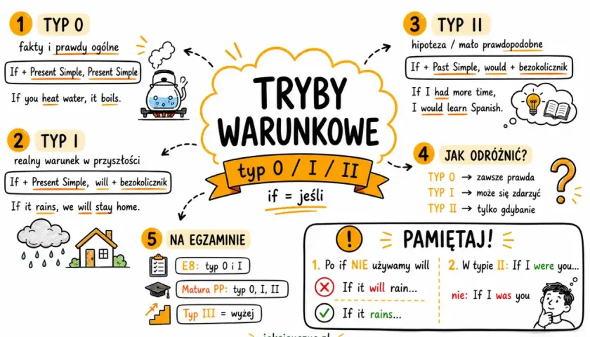 Materiały do nauki trybów warunkowych (typ 0, I, II) na egzamin z języka angielskiego.