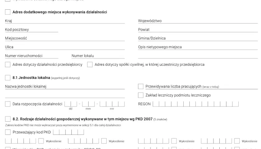 Formularz CEIDG: sekcja 8. Dodatkowe stałe miejsce wykonywania działalności gospodarczej, w tym usługa kierowania pojazdem powierzonym PKD.