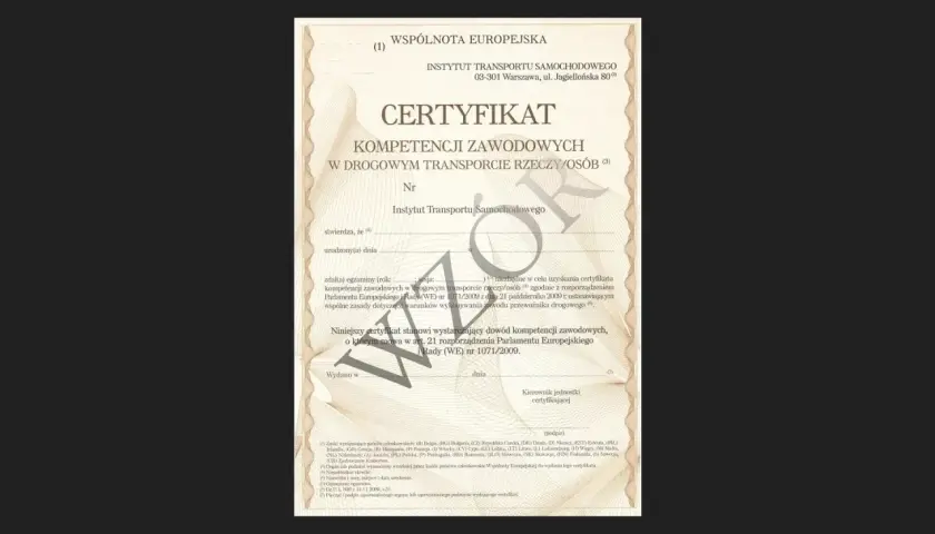 Certyfikat kompetencji zawodowych w drogowym transporcie rzeczy/osób, wydany przez Instytut Transportu Samochodowego. To ważny dokument potwierdzający kwalifikacje, zdobyty po zdaniu egzaminu, który jest częścią kursu CKZ.