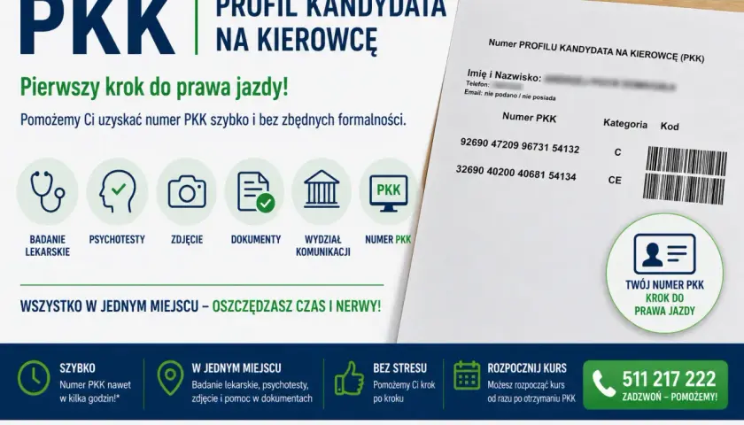 Profil kandydata na kierowcę (PKK) – pierwszy krok do prawa jazdy. Szybko uzyskasz numer PKK, potrzebny do badań lekarskich, psychotestów i dokumentów.