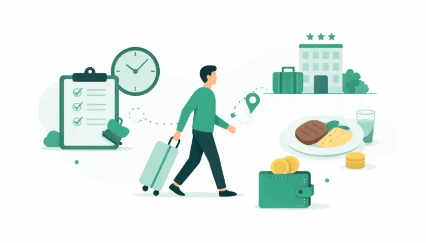 Mężczyzna z walizką idzie do hotelu, obok lista zadań, zegar, jedzenie i portfel. Ilustracja pokazuje, ile jest delegacji.