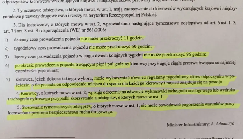 Przepisy dotyczące kierowców: dzienny czas jazdy do 11h, tygodniowy do 60 godzin. Przerwa po 5,5h jazdy.
