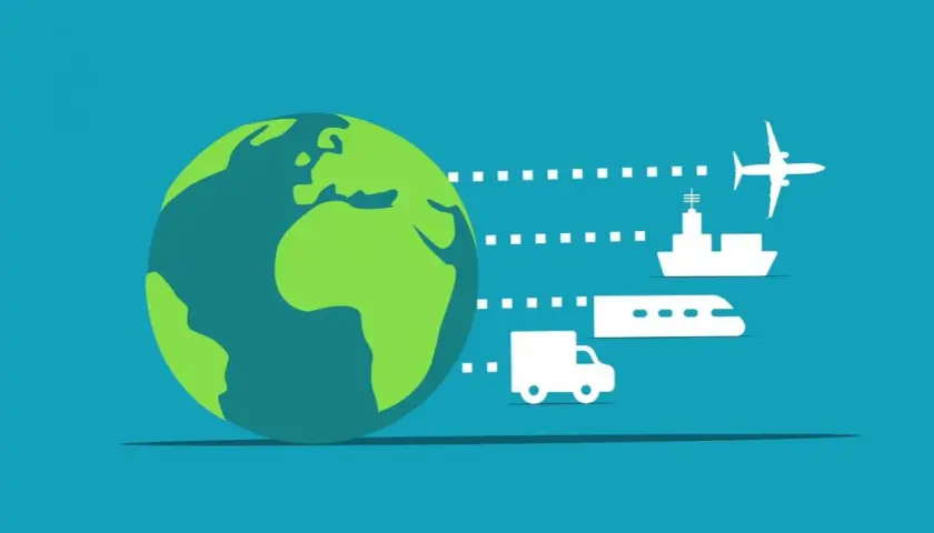 Globus i symbole transportu: samolot, statek, pociąg i ciężarówka. Ilustracja globalnego łańcucha dostaw.