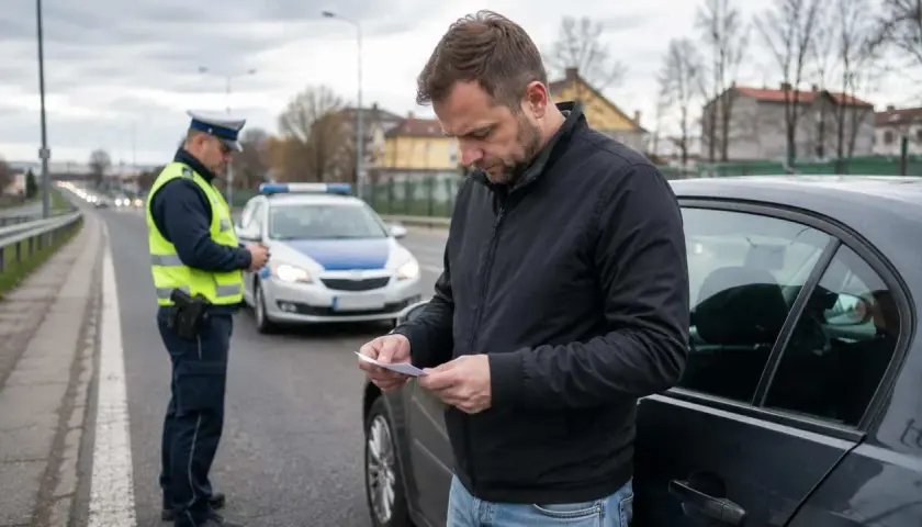 Mężczyzna czyta mandat, policjant stoi obok radiowozu. Prawdopodobnie czeka go zatrzymanie prawa jazdy za prędkość.
