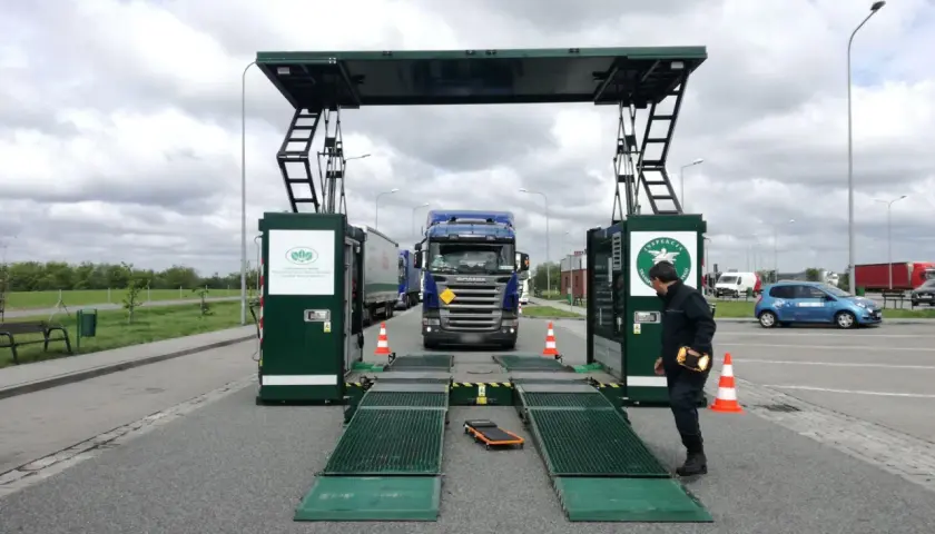 Kontrola ITD na autostradzie. Ciężarówka wjeżdża na wagę, inspektor czeka.