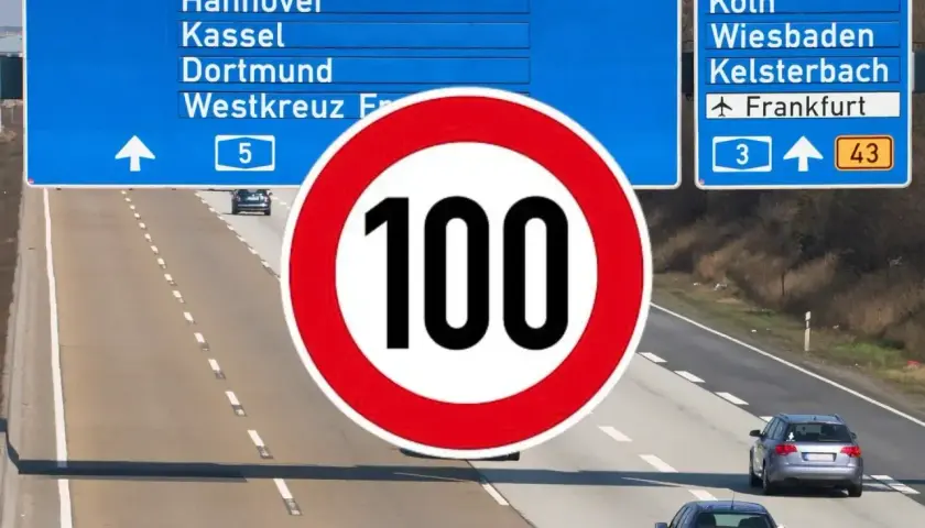 Znak ograniczenia prędkości do 100 km/h na niemieckiej autostradzie. W tle tablice z kierunkami do Hanoweru, Kolonii i Frankfurtu.