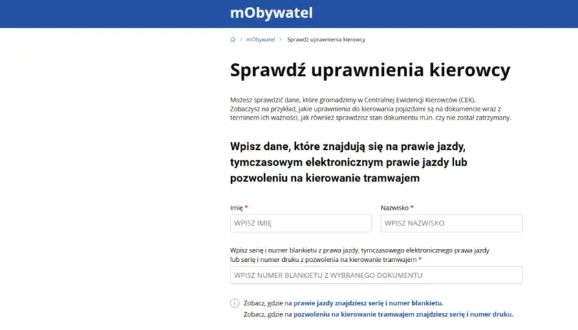 Formularz do sprawdzenie uprawnień kierowcy. Wpisz dane z prawa jazdy lub pozwolenia na tramwaj, aby sprawdzić ich ważność.
