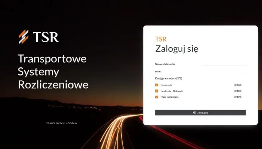 Systemy pracy kierowcy TSR: logowanie do modułów Naruszenia, Ewidencja + Delegacje, Płace zagraniczne.