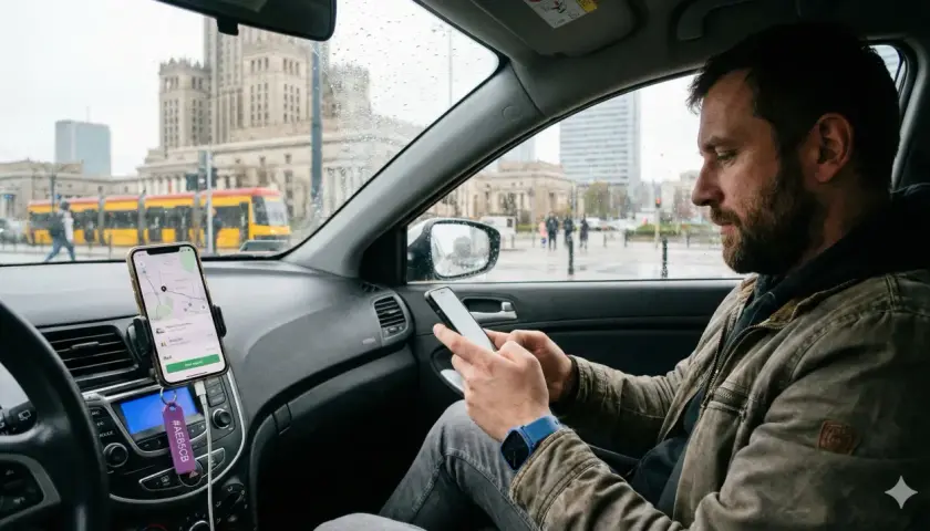 Kierowca zawodowy sprawdza trasę na telefonie, zastanawiając się, ile zarabia. W tle widać warszawskie budynki i tramwaj.