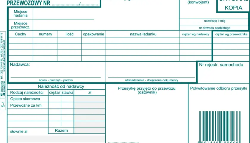 Formularz listu przewozowego z polami do wypełnienia: nadawca, odbiorca, miejsce nadania i przeznaczenia, dane ładunku, kierowca, nr rejestracyjny pojazdu.