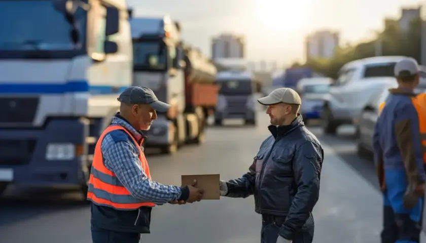 Kierowcy ciężarówek wymieniają paczkę. Czy podróż służbowa wlicza się do czasu pracy? Słońce zachodzi nad drogą pełną pojazdów.