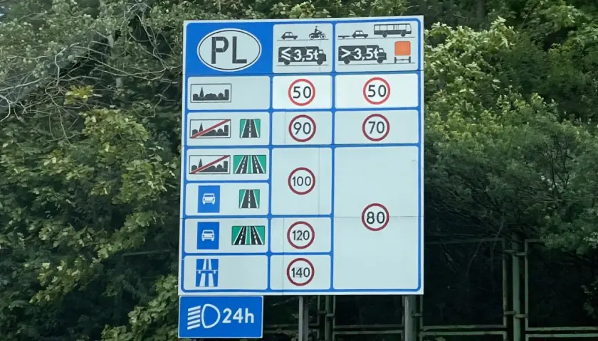 Znak drogowy w Polsce. Kierowca autokaru może jechać 70 km/h poza terenem zabudowanym, 100 km/h na drogach ekspresowych i 140 km/h na autostradach.