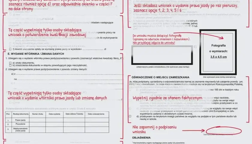 Formularz wniosku o wydanie prawa jazdy, zawierający sekcje dotyczące danych osobowych, oświadczeń i potwierdzenia kwalifikacji. Wniosek o wydanie prawa jazdy.