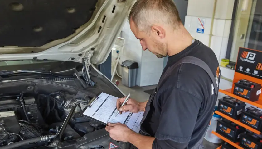Mechanik spisuje stan techniczny pojazdu na karcie naprawy. W tle widać akumulatory.