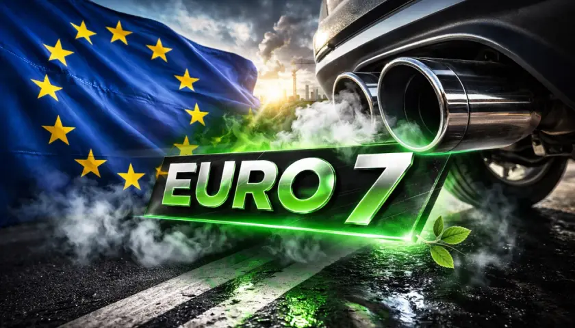 Flaga UE i dym z rury wydechowej samochodu nad napisem EURO 7. Nowe normy emisji spalin w Europie.