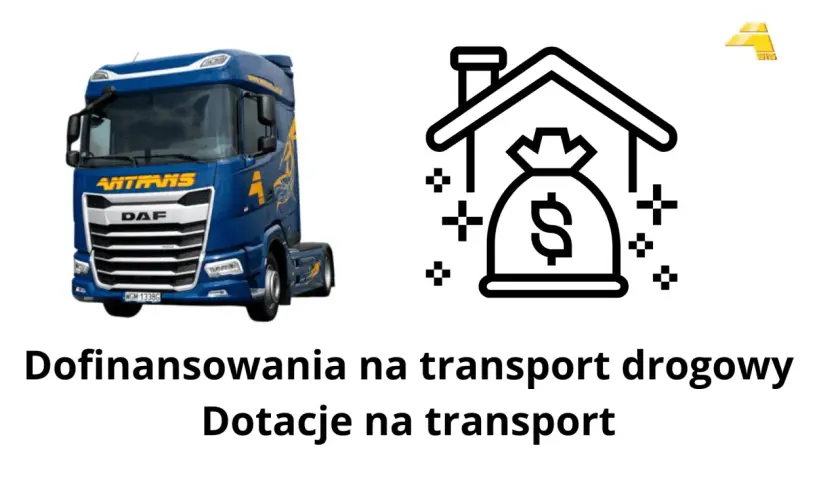 Niebieska ciężarówka i ikona worka z pieniędzmi symbolizują dofinansowanie na firmę transportową.