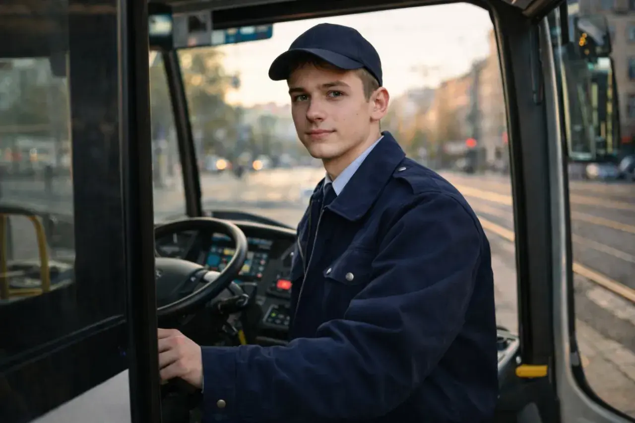 Młody kierowca w czapce i granatowej kurtce, siedzi za kierownicą autobusu. Rozpoczyna kurs na przewóz osób.
