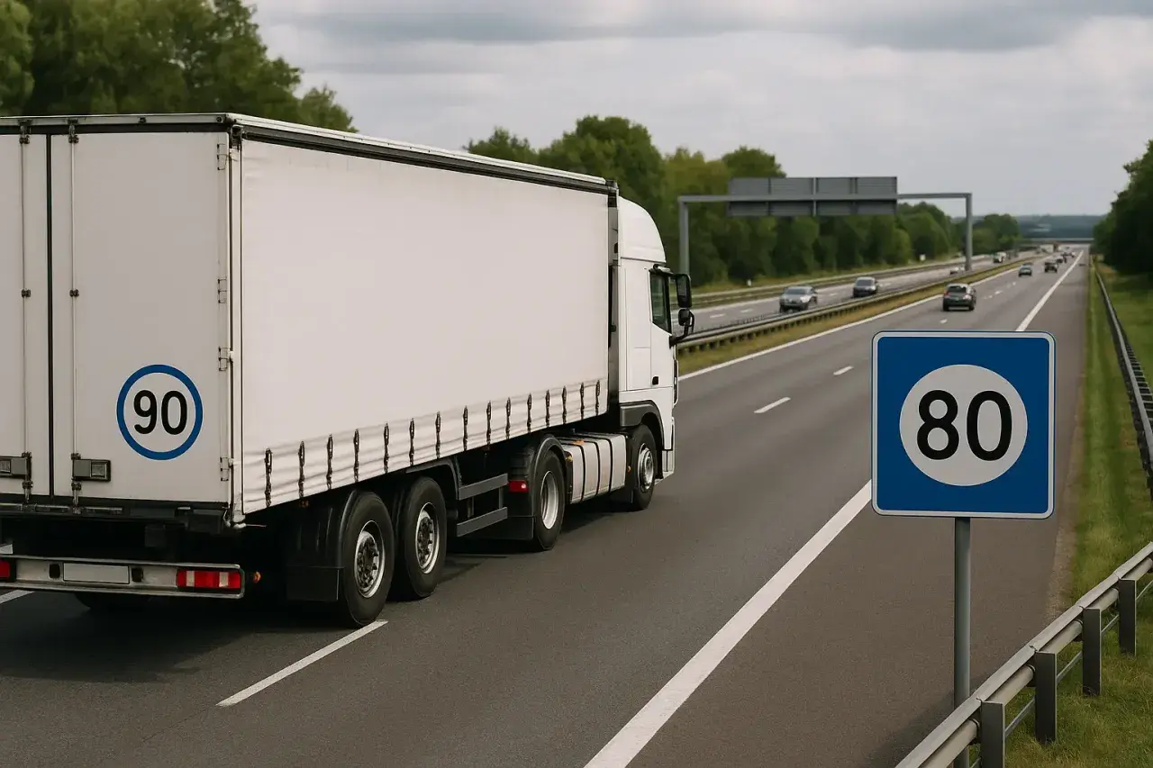 Biały tir jedzie autostradą. Znak ograniczenia prędkości wskazuje 80 km/h, a na naczepie widnieje naklejka "90".