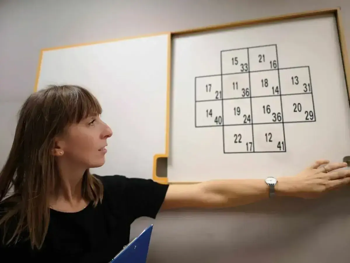 Kobieta przy tablicy z zadaniem matematycznym, które może być częścią testów psychologicznych. Zastanawia się, ile trwają psychotesty.