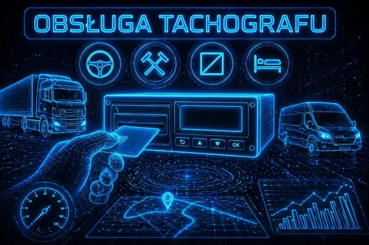 Cyfrowa wizualizacja pokazuje, jak włożyć kartę do tachografu. Widoczna jest ciężarówka, furgonetka i schematyczne ikony.