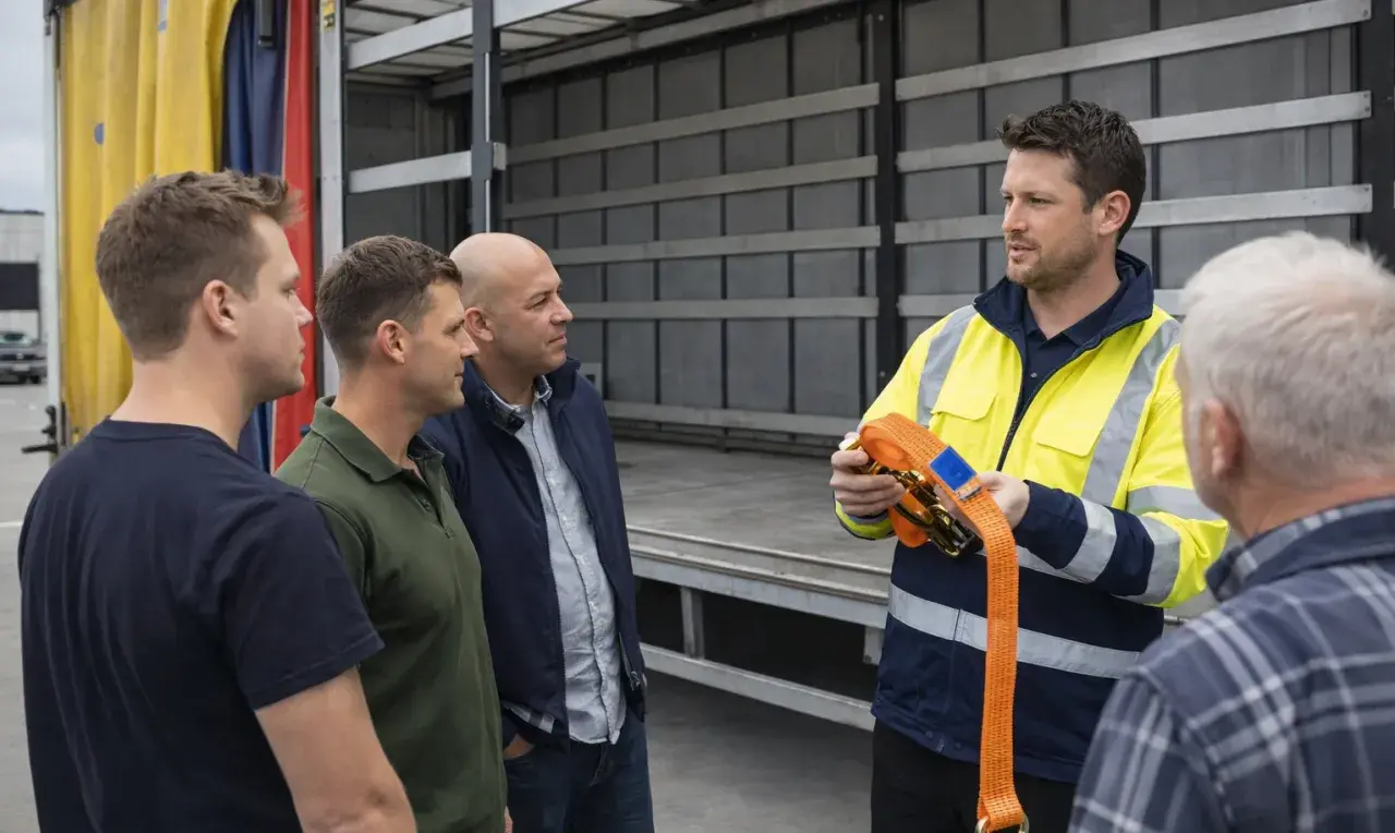 Szkolenia dla firm transportowych: instruktor pokazuje pas transportowy grupie kierowców przy naczepie.