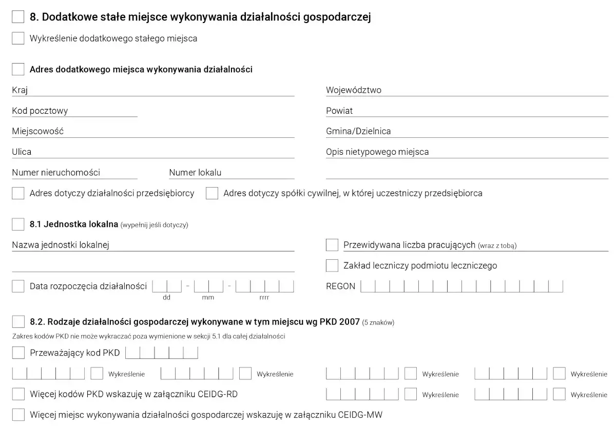 Formularz CEIDG: sekcja 8. Dodatkowe stałe miejsce wykonywania działalności gospodarczej, w tym usługa kierowania pojazdem powierzonym PKD.