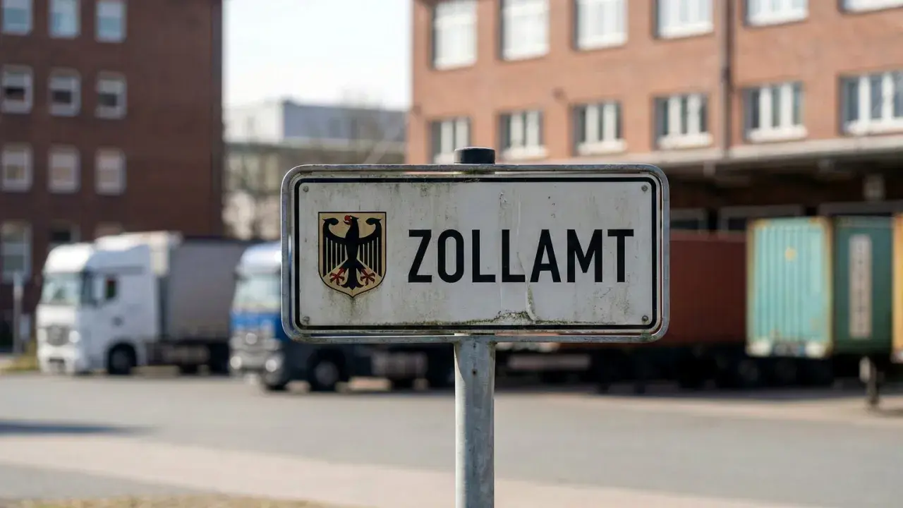 Tablica "ZOLLAMT" z godłem Niemiec. W tle ciężarówki i kontenery, pokazujące jak wygląda odprawa celna.