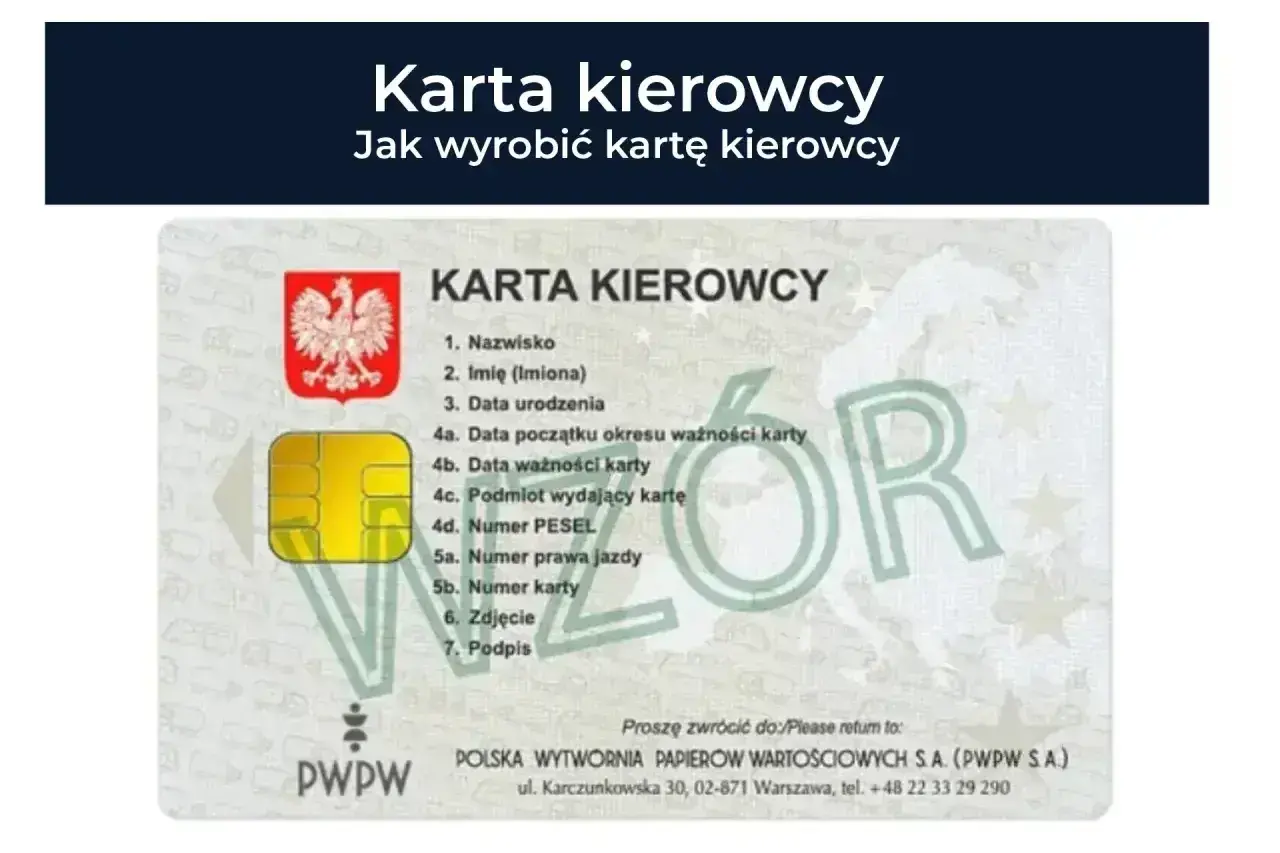 Karta kierowcy z chipem i godłem Polski. Informacje o danych kierowcy, ważności karty i podmiocie wydającym. Idealna do pierwszego logowania nowej karty kierowcy.