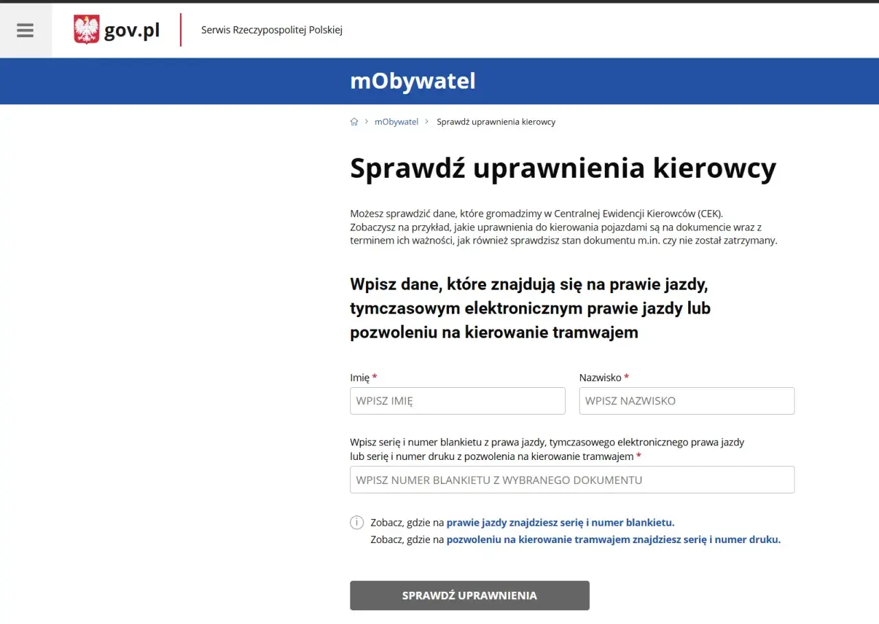 Formularz do sprawdzenie uprawnień kierowcy. Wpisz dane z prawa jazdy lub pozwolenia na tramwaj, aby sprawdzić ich ważność.
